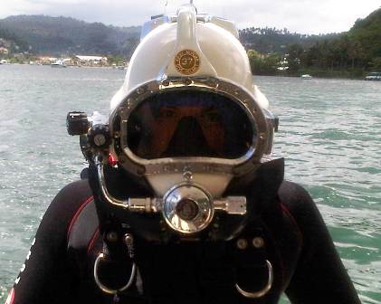 Howard Ehrenberg wearing surface-supplied diving equipment